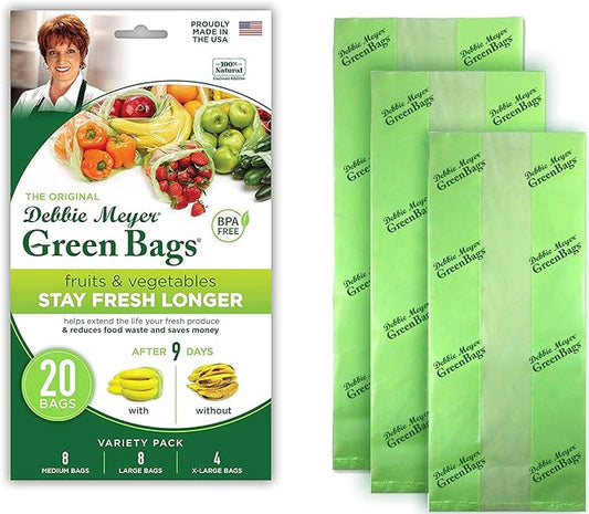 Debbie Meyer, GreenBags 20-Pack (8M, 8L, 4XL) | Reusable Storage Bags Keeps Fruit, Vegetables, Produce, Cut Flowers Fresh Longer, Kitchen & Fridge Preservation Solution, BPA Free, Made in the USA