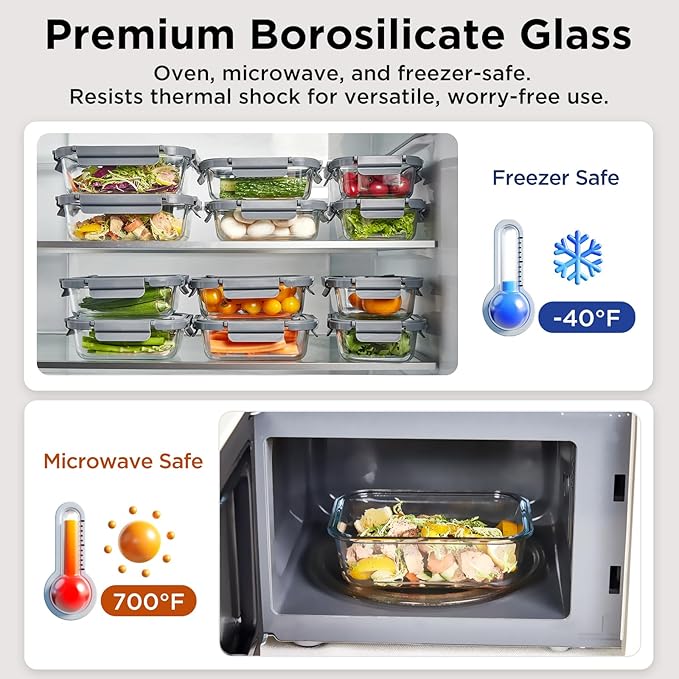 Glass Food Storage Containers with Lids,10 pack [36oz*5+13.5oz*5], Glass Meal Prep Container with Airtight Lids, Microwave Safe Food Container Set, BPA Free, LeakProof, Ideal for Lunch