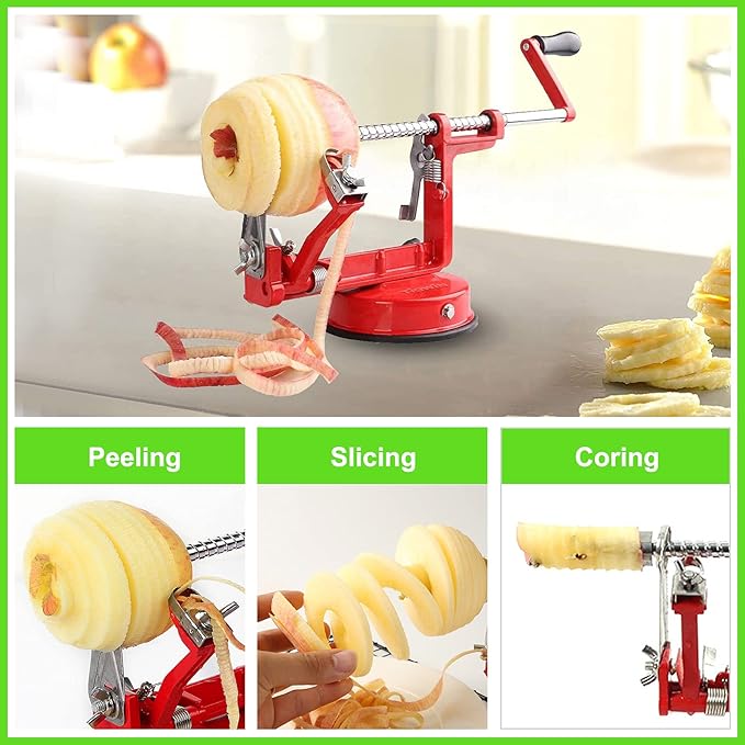 Apple Peeler Corer, Long lasting Chrome Cast Magnesium Alloy Apple Peeler Slicer Corer with Stainless Steel Blades and Powerful Suction Base for Apples and Potato(Red)