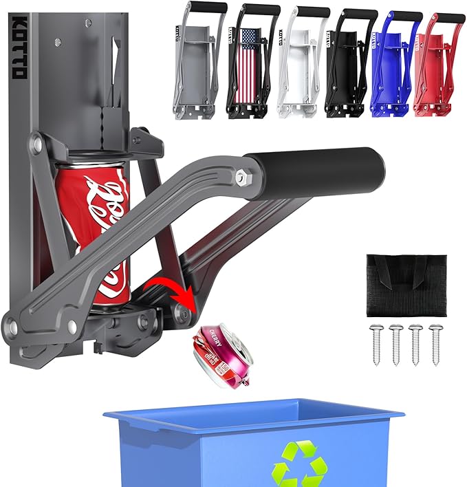 Kotto Can Crusher - Wall Mounted Can Crushers for Recycling - with Auto-Drop System -Built-in Bottle Opener-Crushes 8-16oz Cans-Includes Kitchen Storage Bag-Heavy Duty Can Crusher for Home Use-Gray