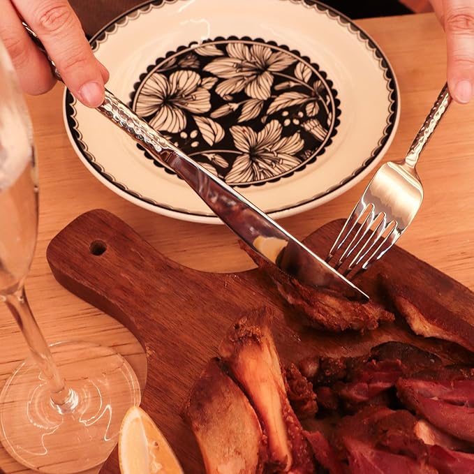 18/10 Stainless Steel Flatware Set Hand Forged Silverware Set Cutlery Set Round Hammered Handle Mirror Finished Heavy Duty 20 Pieces Service for 4