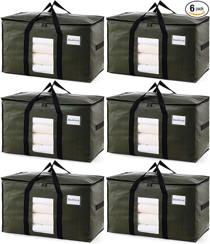 TAILI 6 Pack Green Extra Large Moving Bags, Heavy Duty Totes with Visible Window, Wrap Around Handles, Space-Saving Storage, Alternative to Moving Boxes