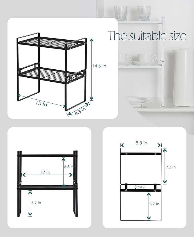 2 Pack Kitchen Cabinet Shelf Counter Organizer Rack Pantry Storage Bathroom Bedroom Office Table Desk Space Saving Steel Frame Stackable Rust Resistant Non Slip Black