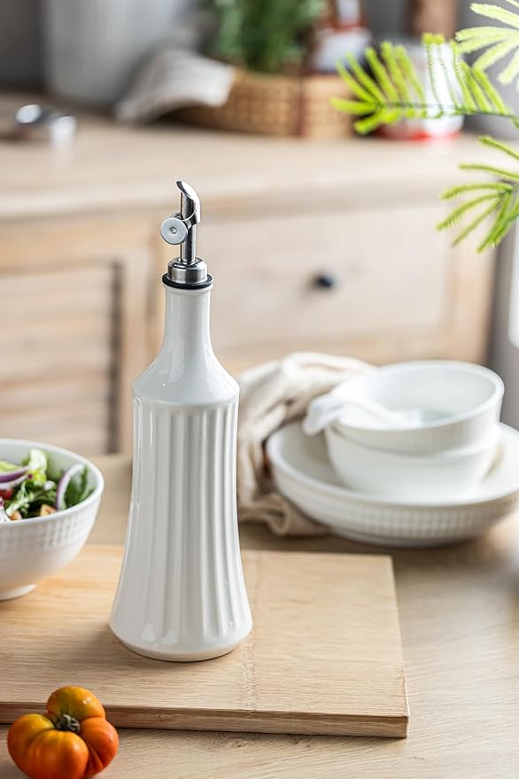 LYEOBOH Olive Oil Dispenser Bottle, Oil Dispenser for Kitchen, Ceramic Cooking Vinegar Dispensing Bottles with Spout, White