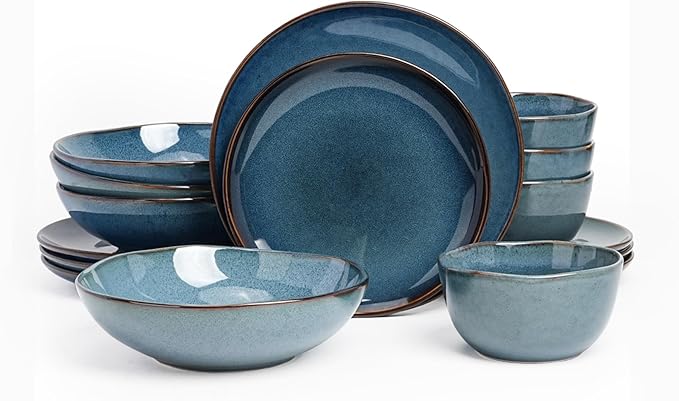 Highland 16pc Dinnerware Set, Unique Organic Shape Double Bowl, Stoneware Plate & Bowl Dish Set Service For 4, Scratch Resistant, Microwave & Dishwasher Safe, Natural Reactive Glaze, Blue