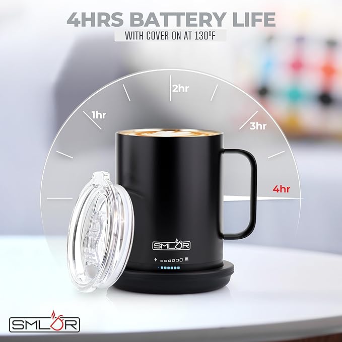 SMLDR Pro Heated Mug, 14 oz Smart Coffee Mug, Self-Heating, Adjustable Temperature, Battery Powered, Great for Coffee & Tea, Excellent Gift (Black)