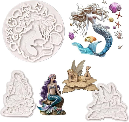 (Three-piece set) Mermaid theme, winged girl, DIY silicone mold, cake chocolate mold wedding cake decoration tool soft candy cake