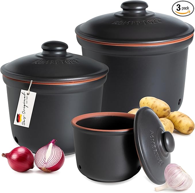 Romertopf Freshness Storage Potato Onion Garlic Clay Pot Set of 3 with Lids - Black
