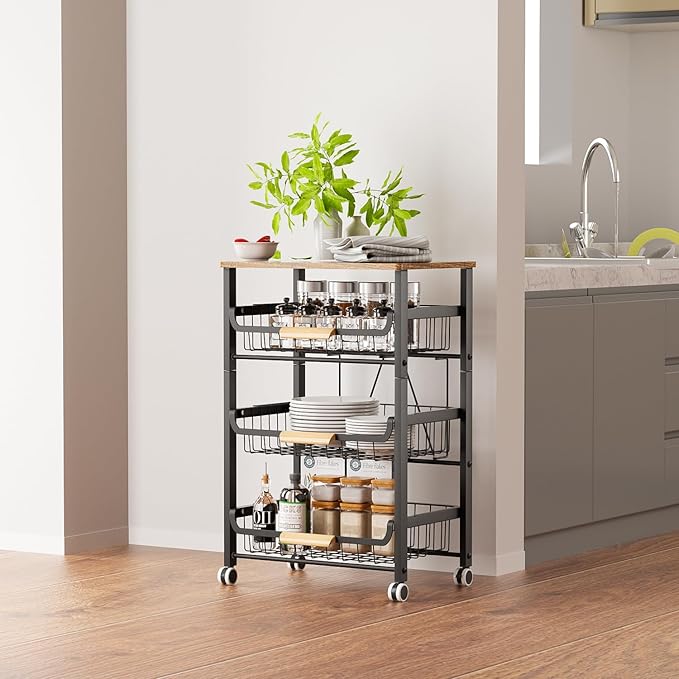 4-Layer Fruit Basket Kitchen Food Organizer and Rack, Stackable Storage Cart with Desktop, Pull-Out Hollow Metal Basket, Sliding Out Storage (Black 4-Layer Rack)