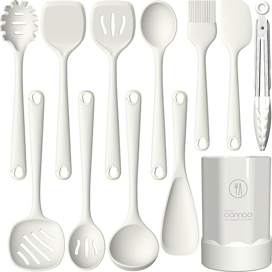 Thickened Silicone Kitchen Utensils Set, 600°F Heat Resistant Silicone Cooking Utensils, Spatula, Spoon, Whisk, Tongs, Kitchen Gadgets for Nonstick Cookware, Dishwasher Safe BPA Free (Cream White)
