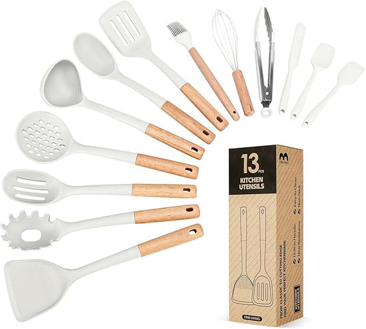 Kitchen Utensils Set, 13PCS Silicone Cooking Utensils, Heat Resistant Kitchen Utensil Spatula Set for Nonstick Cookware, Wooden Handles Kitchen Gadgets Tools Set
