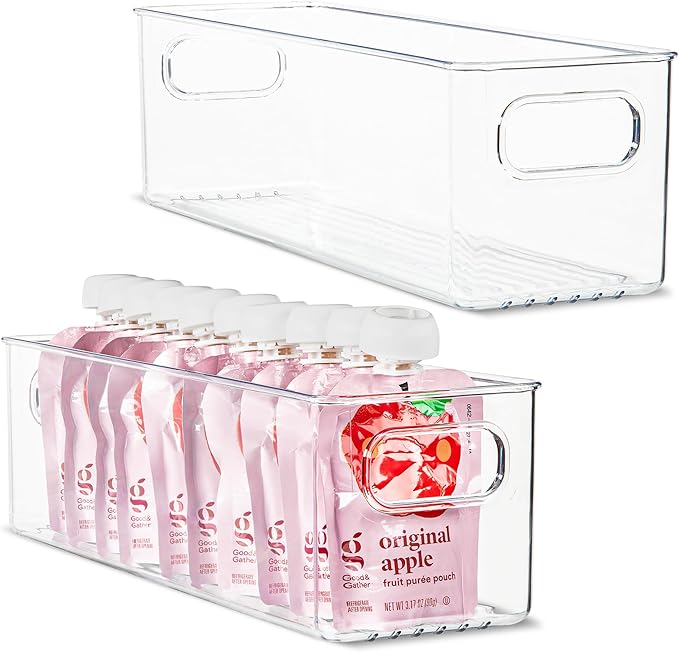 Plastic Food Storage 2 Pack Clear Container Bin with Handles for Organizing Kitchen, Pantry, Refrigerator, Freezer, Pantry, Cabinet, Closet, Bathroom. 14”X4”x4”