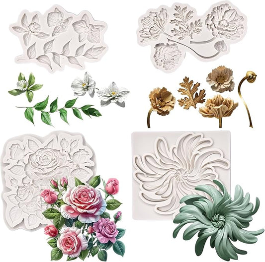 (Four-piece set) leaf flowers, floral, rose flowers, DIY silicone mold, cake chocolate mold wedding cake decoration tool soft cake mold