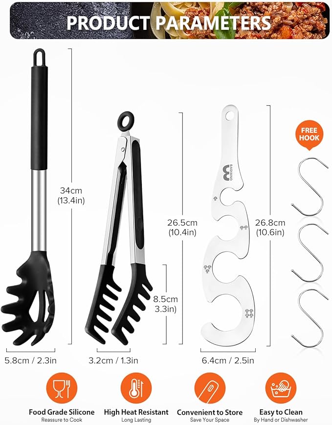 Silicone Spaghetti Spoon & Pasta Tong With Pasta Measurer, 3 Pack of Non-Stick Stainless Steel Handle Pasta Fork Set with Teeth, Food Clip for Easy Serving of Noodles (BLACK)