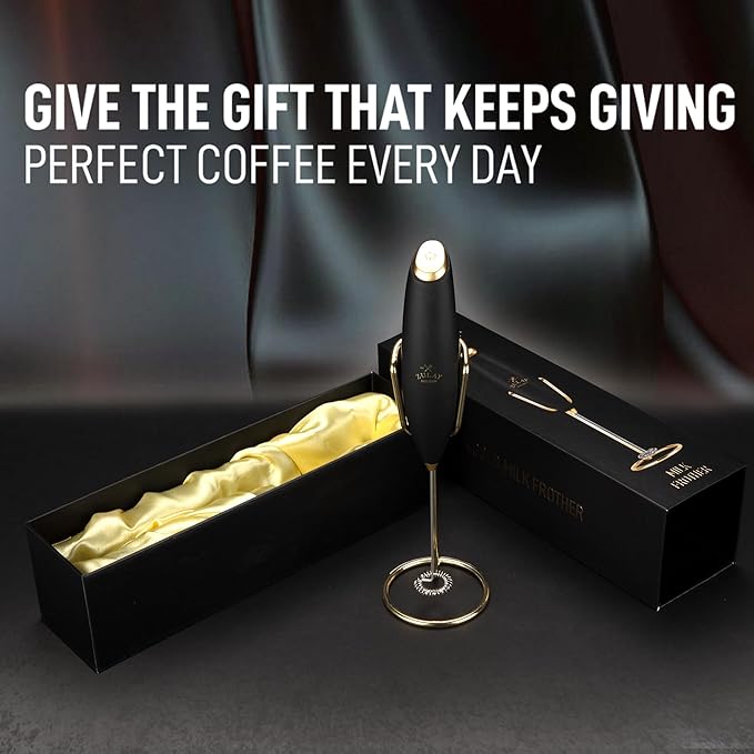 Zulay Kitchen Executive Series Luxury Gift Milk Frother with 4 Duracell Batteries – Handheld Electric Foam Maker for Coffee, Lattes & Hot Chocolate – Deluxe Finish, Ultimate Gift for Coffee Lovers
