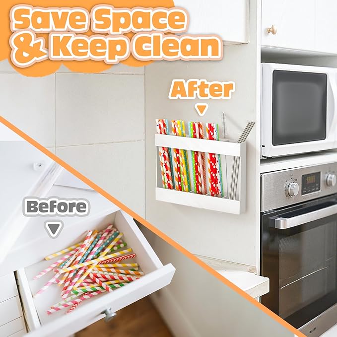 9.5" Acrylic Straw Holder with Double Sided Adhesive and Stickers,Reusable Straws Organizer Storage Dispenser for Counter Cabinet Cupboard Kitchen Door (White)