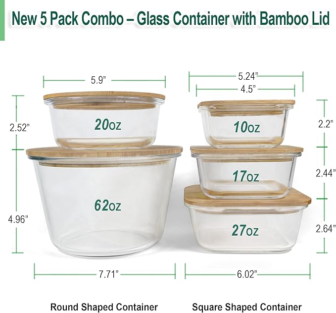 Glass Containers with Bamboo Lids for Food Storage and Meal Prep, Set of 5