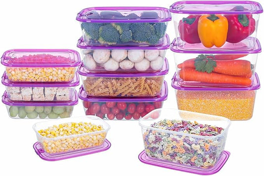 KIGI 【12 PACK】 Mixed Sizes Plastic Food Storage Containers Set with Lids Airtight Square Meal Prep Containers,Home Kitchen Pantry Containers (Transparent Purple, 20.3oz*4+44oz*4+67.6oz*4-12 Pack)