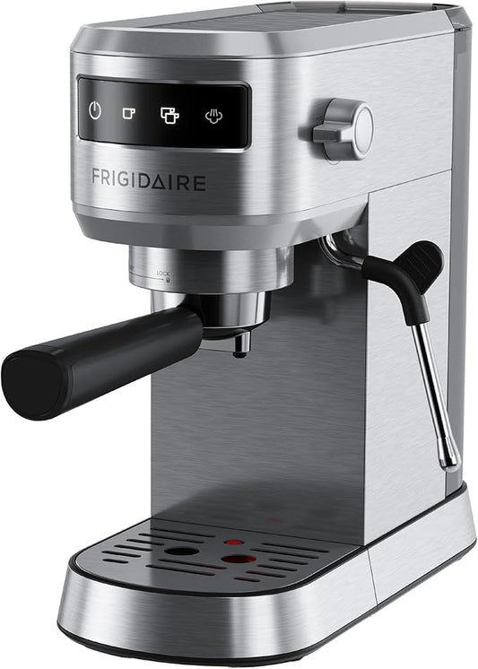 Frigidaire Steam Espresso Maker, Coffee Machine with Milk Frother & Cup Warmer, 20 Bar Pressure, 34 oz Removable Water Tank, Single or Double Shot, Stainless Steel