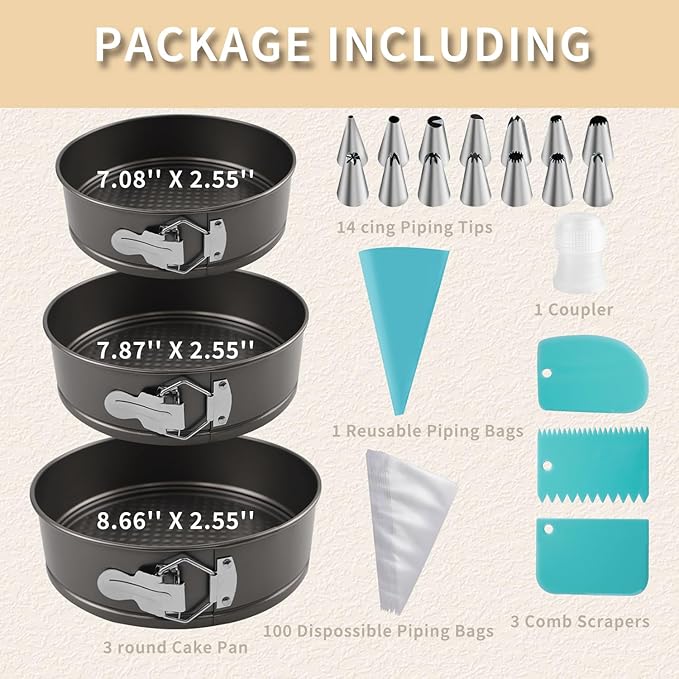 122PCs Cake Pan Sets for Baking, 7/8/9 Inch Round Cake Pans, Nonstick Springform Cake Pans, Cheesecake Baking Pans with 100 Pcs Piping Bags, 16 Pcs Nozzles, 3 Pcs Scrappers