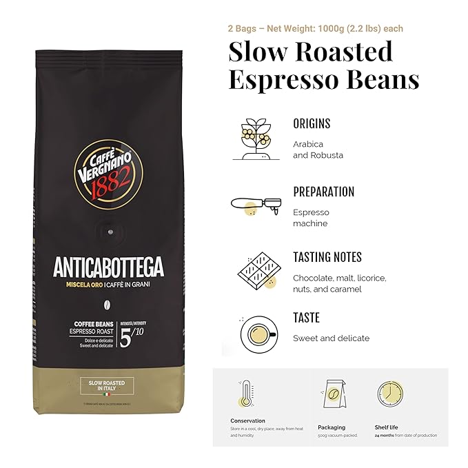 Caffe Vergnano 1882 Antica Bottega Whole Bean Arabica Medium Roast Espresso, 2.2 lbs Bag - Italian Coffee Beans with notes of Chocolate, Nuts & Caramel, Intensity 5/10-1000g Bag (2 Pack)