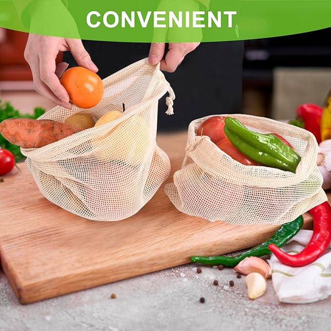 Reusable Bags Produce Bags Reusable Washable - Vegetable Bags, Grocery Bags, Cotton Mesh Bags for Farmers Market, Beach, and Refrigerator Storage Vegetables (12)