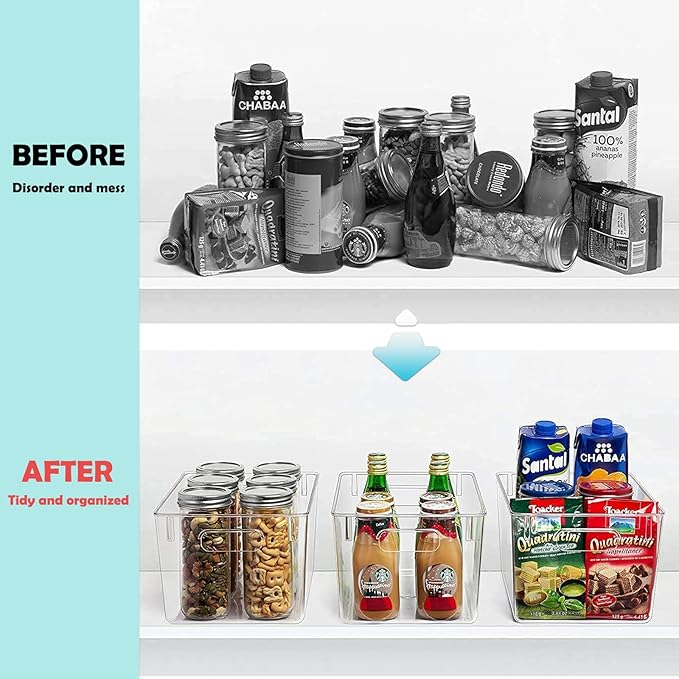 Fridge Organiser Set, Clear Plastic Storage Bins, 4 Pack Pantry Organizers & Storage Containers, Cabinet Organizer, Home Organization Must Haves for Kitchen, Laundry Room, Office, Closet & Freezer