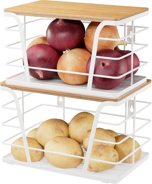 2 Pack Kitchen Organization for Onions,Potatoes - Fruit Basket for Kitchen Counter & Storage Basket,Stackable Storage Bins with Bamboo Top & Lightweight PP Mat,White