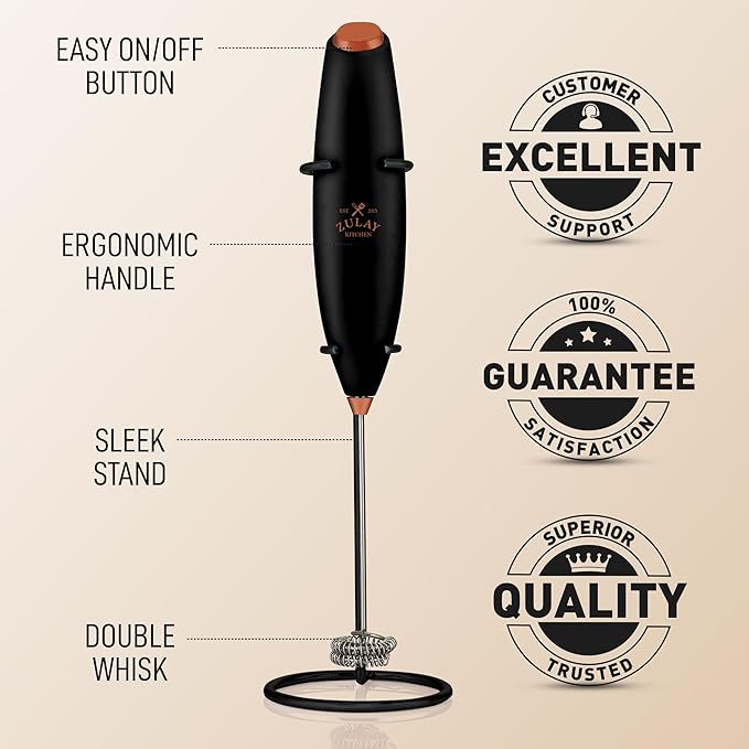 Zulay Kitchen Whisk Milk Frother with 4 Duracell Batteries - Powerful Handheld Foam Maker for Coffee, Lattes, Matcha, Hot Chocolate & Cappuccinos - Whip Creamy Froth in Seconds