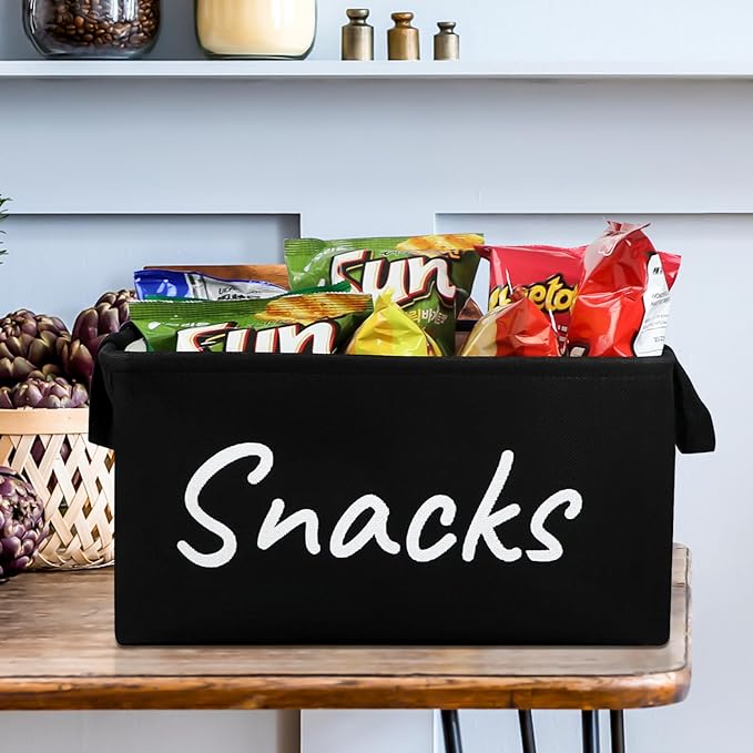 Snack Bin for Pantry - Snack Basket Organizer for Countertop - Imitation Linen Snack Storage Containers for Storing Chips, Pretzels, Cookies, Popcorn and more - Kitchen Organization