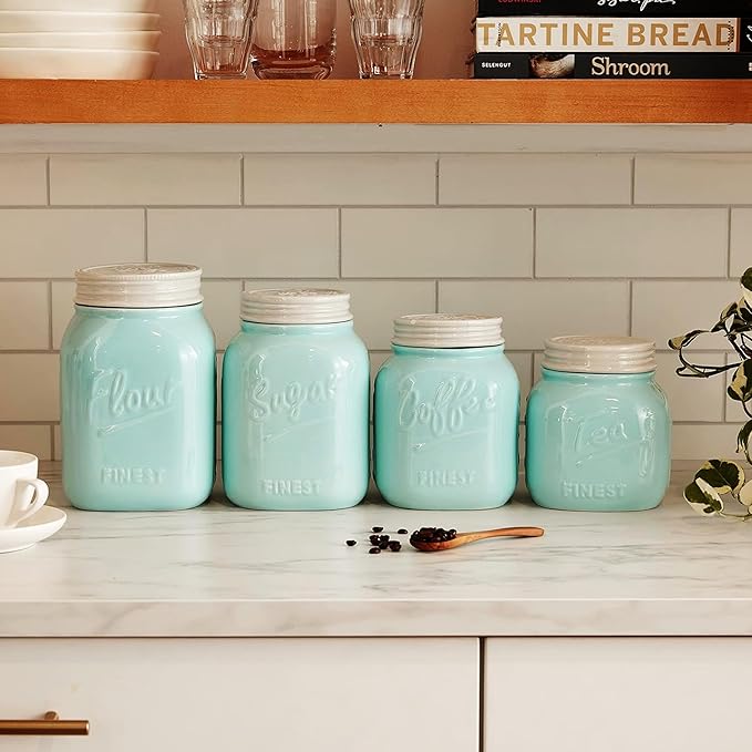 Young's Inc. 4 Pcs Set Vintage Ceramic Canisters- Storage Container for Kitchen and Bathroom - Beautiful Home Decor Accent to Store Food, Coffee, Tea, and More - Sky Blue