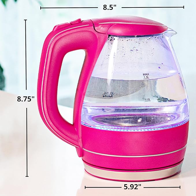 OVENTE Electric Kettle, 1.5L Borosilicate Glass Countertop Water Heater and Boiler for Coffee or Tea, BPA-Free, Auto Shut-Off, Boil-Dry Protection, Removable and Washable Spout Filter, Pink KG83F