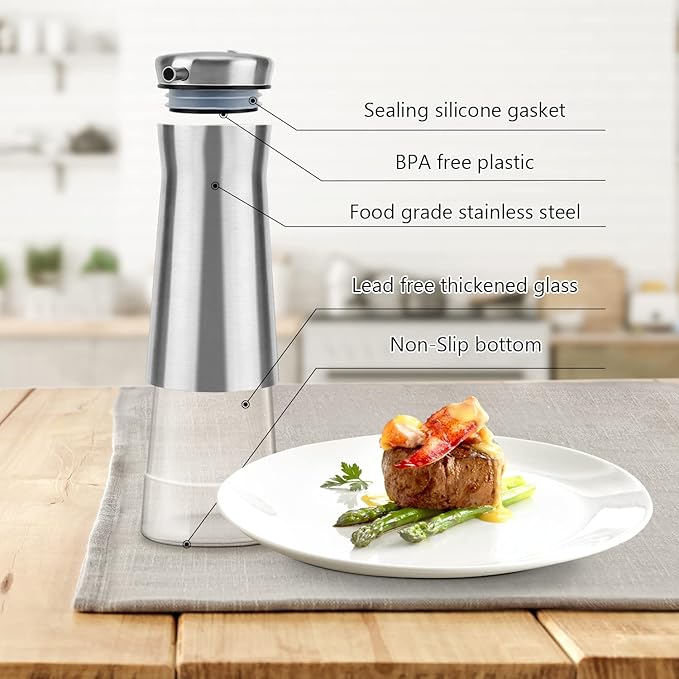 Aelga Olive Oil And Vinegar Dispenser Set -2 Pack Elegant Stainless Steel Oil Dispenser Set- Vinegar Bottle for Kitchen with No-Drip