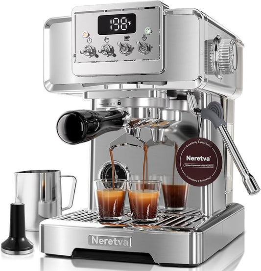 Neretva Espresso Coffee Machine, Professional Espresso Machine with Pressure Gauge 15Bar Retro Espresso Maker with Power Milk Frother Stainless Steel for Home Barista Latte and Cappuccino Maker-Silver