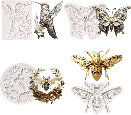 (Four-piece set) Flowers and birds. Butterflies, flowers and bees, bees, DIY silicone molds, cake chocolate molds wedding cake decoration tools cake molds