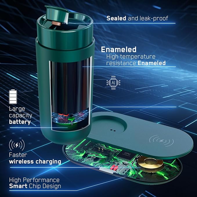 Temperature Control Heated Coffee Mug Smart Self Heating Travel Mug 12 Oz App Controlled Warmer Mug 4-10 Hour LED Display Keep Coffee Hot All Day Fast Wireless Charger Base Jade Green