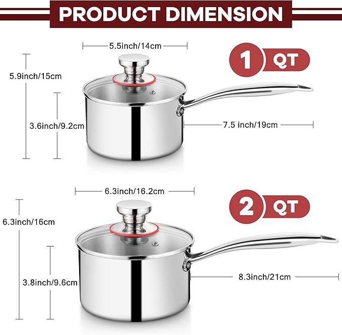 Homikit 2pcs Saucepans with Lid, 1QT & 2QT Tri-Ply Stainless Steel Sauce Pan Set, Heavy Duty Small Kitchen Pots for Cooking, Warming Milk, Boiling Eggs, Dishwasher Safe & Induction Compatible