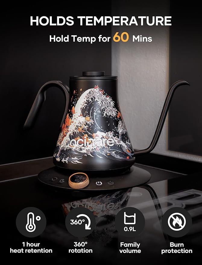 Cocinare FLOW M9 Electric Gooseneck Kettle, ±1℉ Temperature Control for Pour-over Coffee & Tea, Stainless Steel Interior, Quick Heating for Boiling Water (Wave)