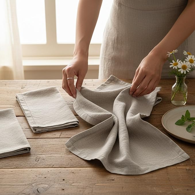 Hemstitched Linen Napkins – 20 Inch x 20 Inch – Stonewashed Pure Linen Cloth Dinner Napkins with Mitered Corners - 100% French Flax – Machine Washable - Set of 4 (Natural Oatmeal)