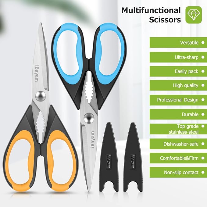 Kitchen Scissors, iBayam 2-Pack Kitchen Shears, 9 Inch Heavy Duty Dishwasher Safe Food Scissors, Multipurpose Stainless Steel Sharp Cooking Scissors for Kitchen, Chicken, Poultry, Fish, Meat, Herbs