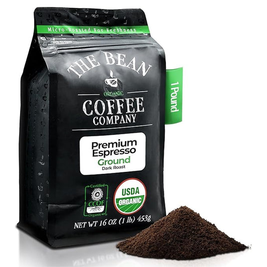 The Bean Organic Coffee Company Premium Espresso, Dark Roast, Ground Coffee, 16-Ounce Bag, Café molido tostado orgánico