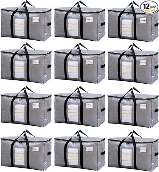 TAILI Extra Large Moving Bags, 12 Pack Silver Heavy Duty Totes for Storage with Visible Window, Wrap Around Handles, Storage Bags for Space Saving, Alternative to Moving Boxes