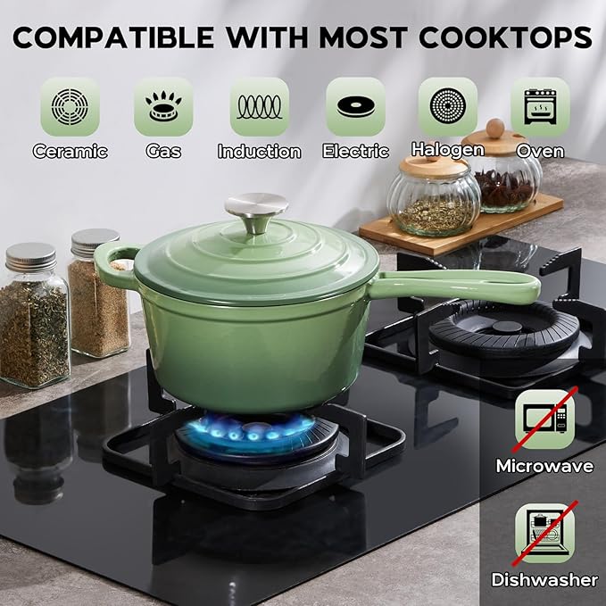 Onader 1QT Enameled Cast Iron Saucepan with Lid, Small Sauce Pan, Enamel Cast Iron Dutch Oven Cooking Kitchen Pot, Nonstick & Heavy Duty – Pistachio Green