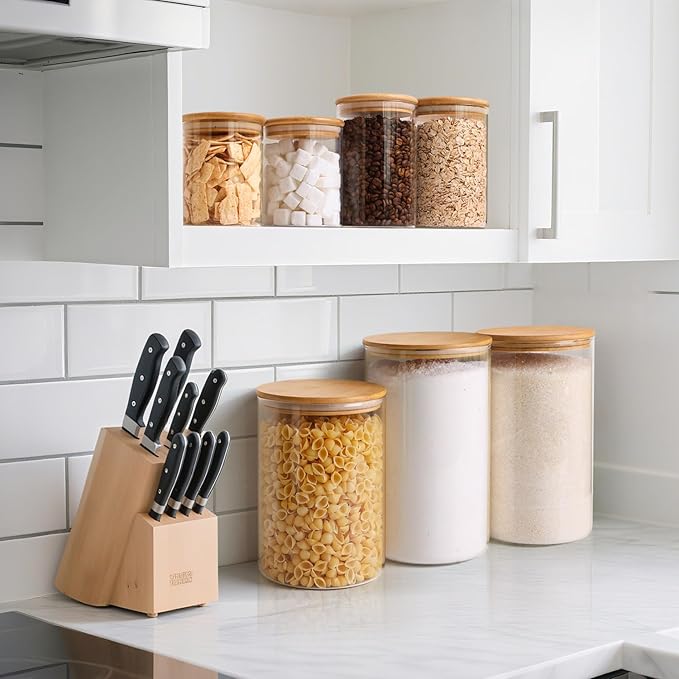ComSaf Glass Food Storage Containers, 3.2Qt / 1.4Qt Glass Flour and Sugar Containers with Airtight Lids, 7.1'' Wide Mouth Large Glass Jars with Bamboo Lid for Rice, Pasta, Oats, Grains, Cookie, Candy