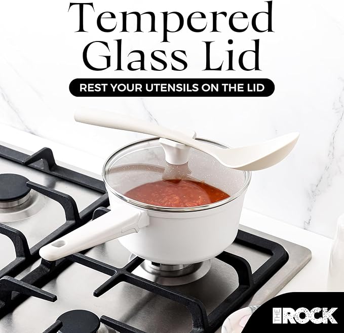 THE ROCK SOHO Ceramic Nonstick Saucepan with Lid, 2 Quarts Non Toxic Small Pot with PPG Fusion Pro Coating–Nothing Sticks, Never Warps, Lasts Longer, Induction Compatible, PTFE, PFOA&PFAS Free, Cream