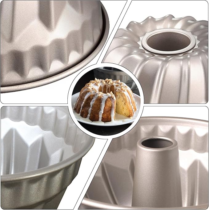 7 Inch Nonstick Bundt Cake Pan for 6 Quart Instant Pot, Heavy-Duty Fluted Tube Pan, Champagne Gold Kugelhopf Mold for Oven