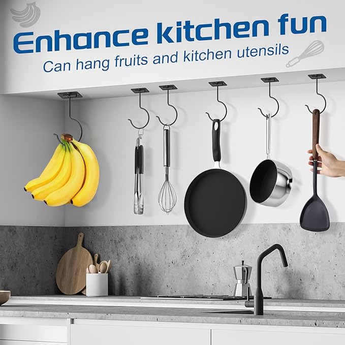 2 Pack Space-Saving Banana Hooks, Foldable Magnetic Under Cabinet Banana Hanger with Heavy-Duty Adhesive & Screw-in Mounts, Supports up to 13 lbs, Black Banana Holders