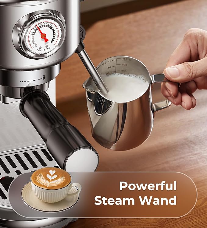 Espresso Machine with Milk Frother, 20 Bar High Pressure Professional Espresso Maker Automatic, Compact Stainless Steel Coffee Machine for Cappuccino, Latte, Gift for Coffee Lover, Dad or Mom, Silver