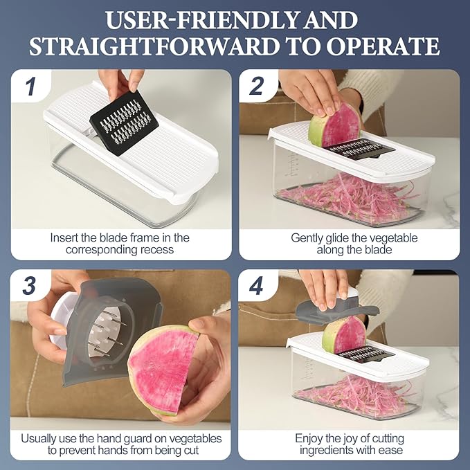 Ourokhome Vegetable Mandolin Slicer, Hand Safe Kitchen Food Shredder with 6 Mandoline Blades, Veggie Waffle Cutter for Potato, Carrot, Zucchini, Onion, Essential Kitchen Gadgets (6 in 1, White)