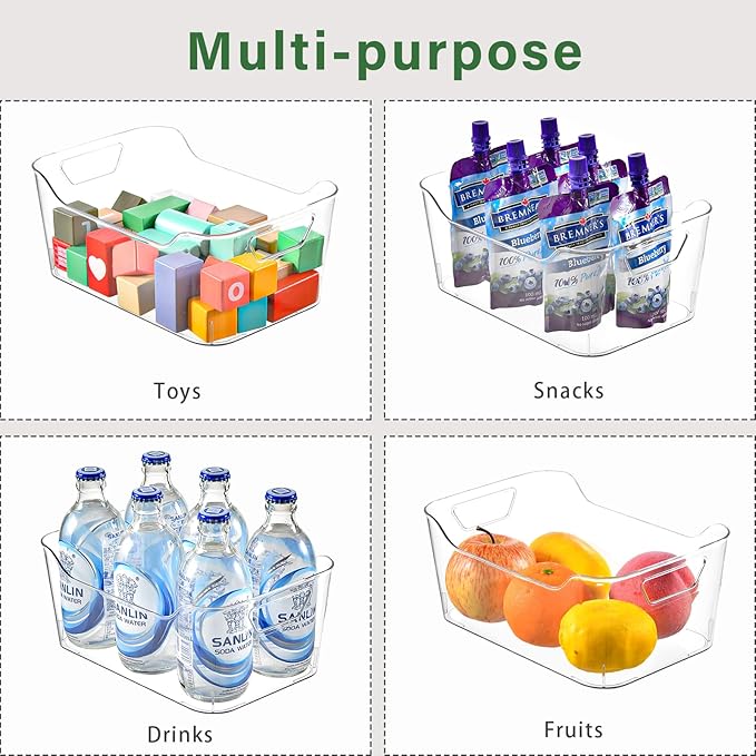 12 Pack Clear Plastic Storage Bins, Pantry Organizers and Storage, Clear Pantry Organizer Bins, Plastic Containers with Handle for Kitchen,Freezer,Cabinet,Closet,Bathroom Under Sink Storage